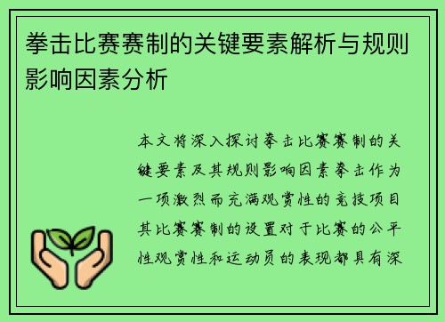 拳击比赛赛制的关键要素解析与规则影响因素分析 拳击比赛赛制的关键要素解析与规则影响因素分析