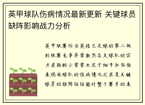英甲球队伤病情况最新更新 关键球员缺阵影响战力分析 英甲球队伤病情况最新更新 关键球员缺阵影响战力分析